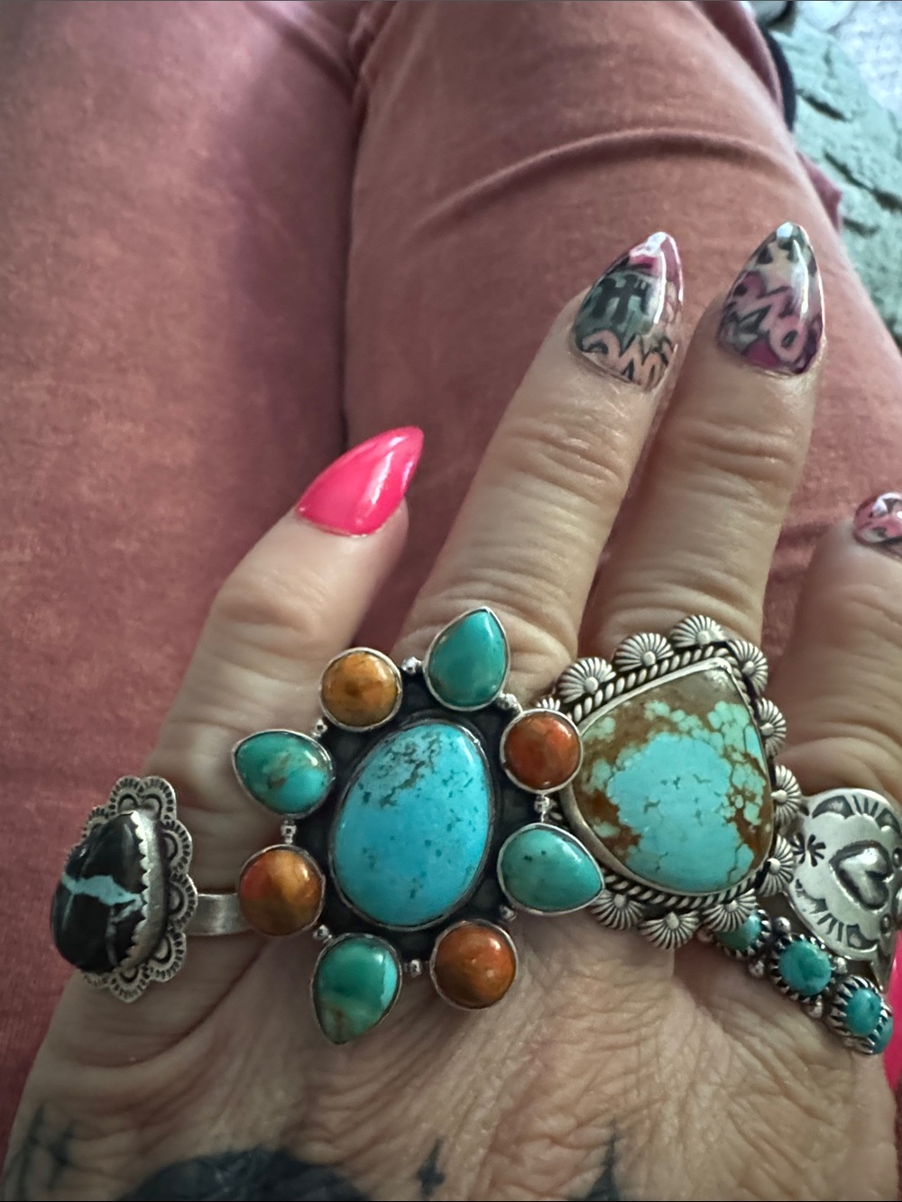 Turquoise and Brown Stone Cluster Silver Ring - Women Jewelry